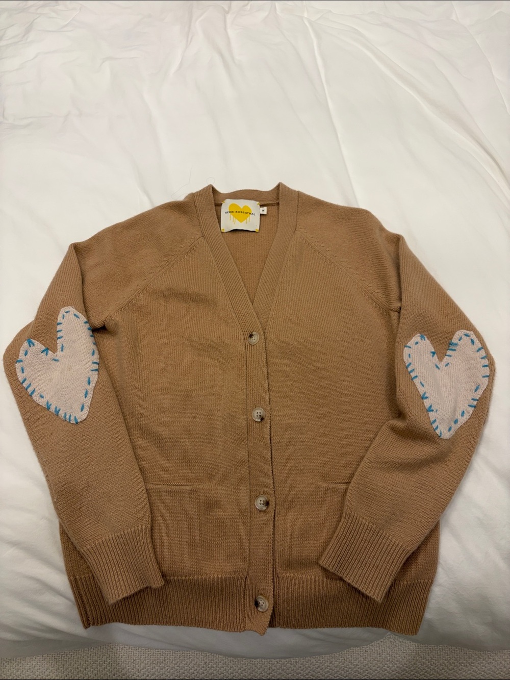 Camel Heart-Elbow Button Front Cardigan Sweater
